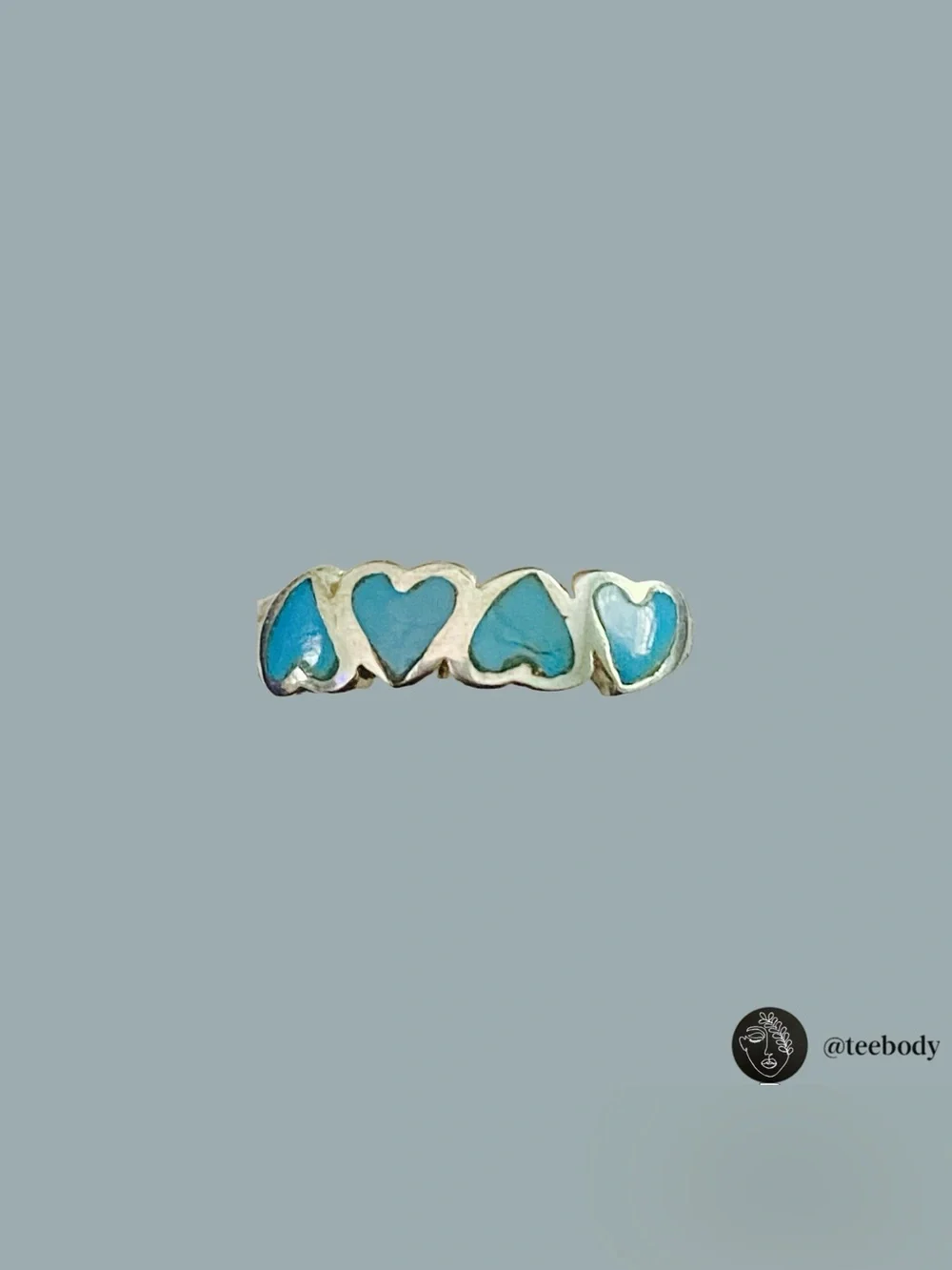 VTG Navajo Turquoise Sterling Silver 4 Hearts Inlay Band Ring NWT Size 7
